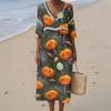Women's Casual V-Neck Midi Dress with Halloween Print Pattern for Summer Beach and Party Occasions