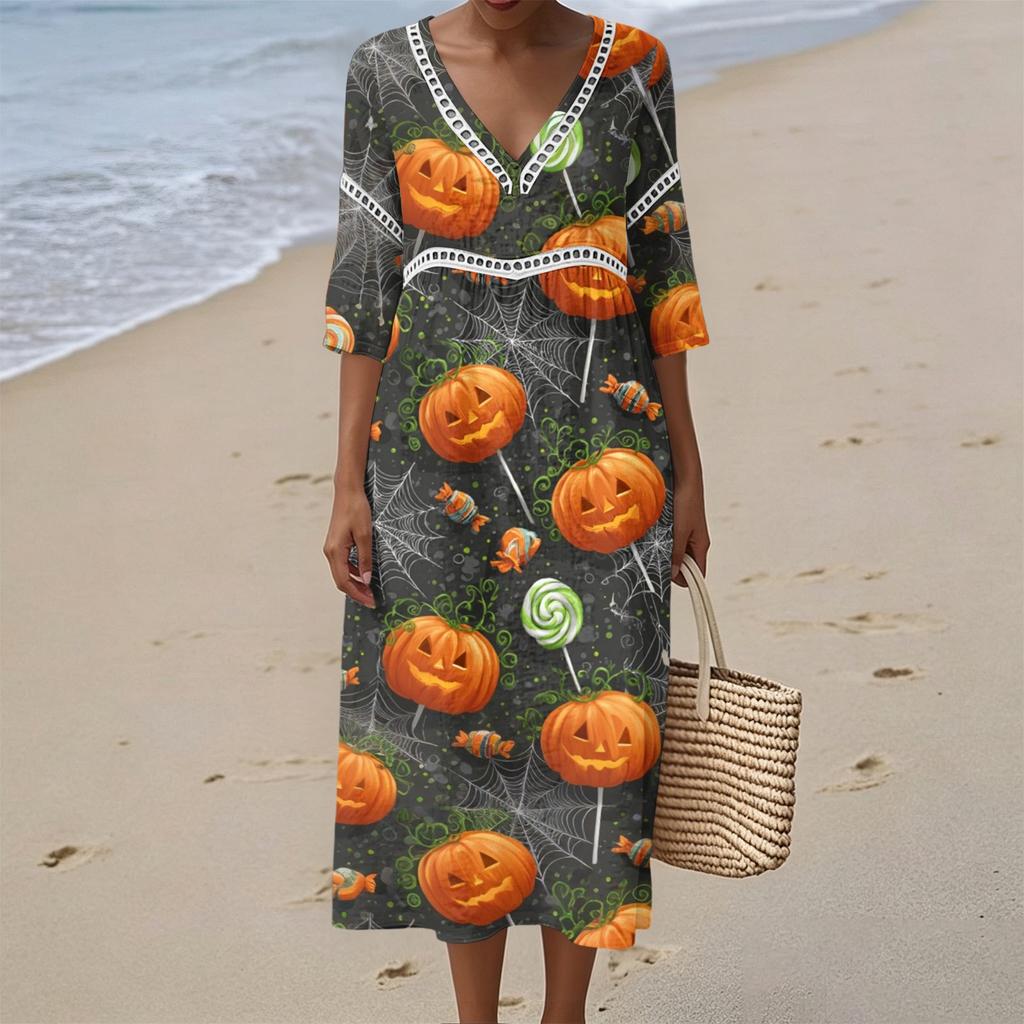 Women's Casual V-Neck Midi Dress with Halloween Print Pattern for Summer Beach and Party Occasions