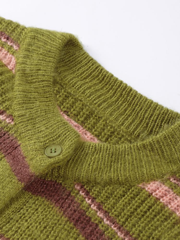 Damen Gestreifter Strick-Cardigan mit Knöpfen Damen Grüner Pullover Cardigan Täglicher Pendelpullover Lockere Strickjacke Herbst und Winter