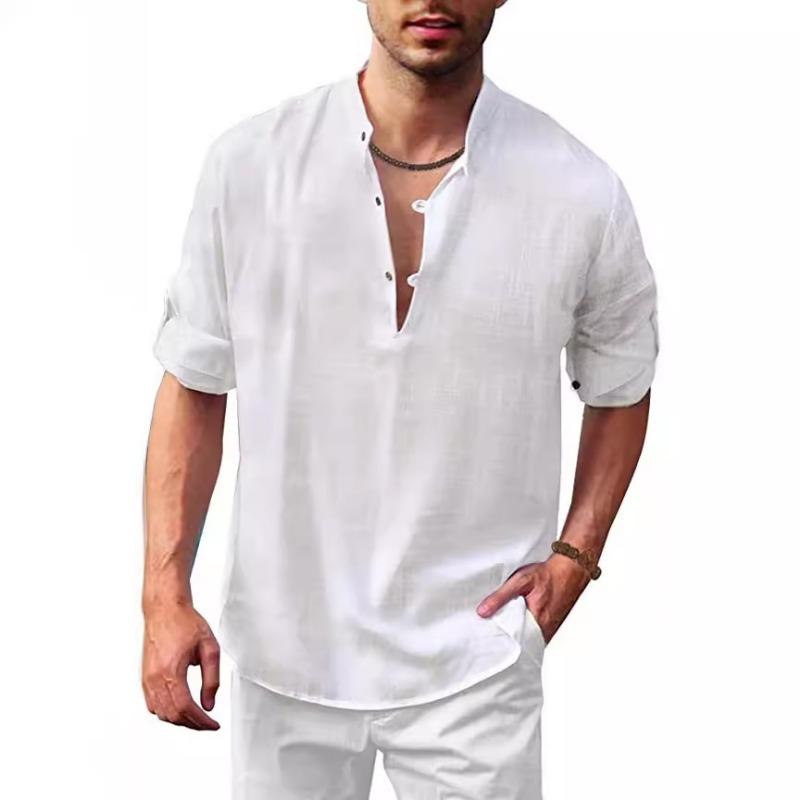 Nová pánská košile z bavlny a lnu, ležérní plážová košile ve stylu hippie, tričko s dlouhým rukávem * Košile
