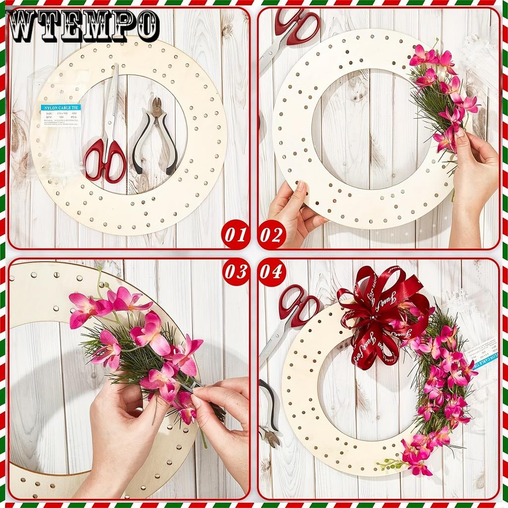 4 Stück Holzhandwerk Kreis Kranzrahmen mit Nylonkabelbindern - DIY Feiertag Valentinstag Halloween Weihnachten Hochzeitskranz Dekorationen