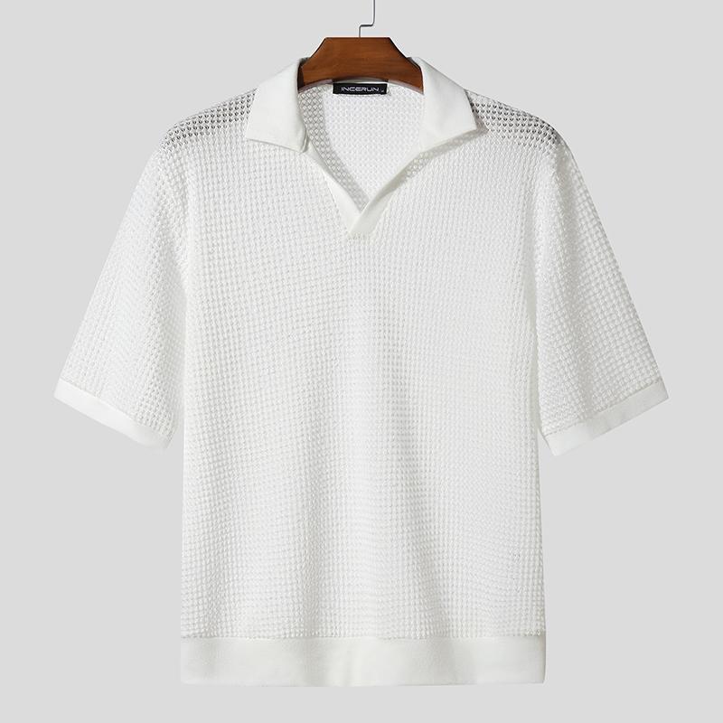 

INCERUN Men Lapel Neck Hollowed-out Short Sleeve See Through Shirts 4XL белый