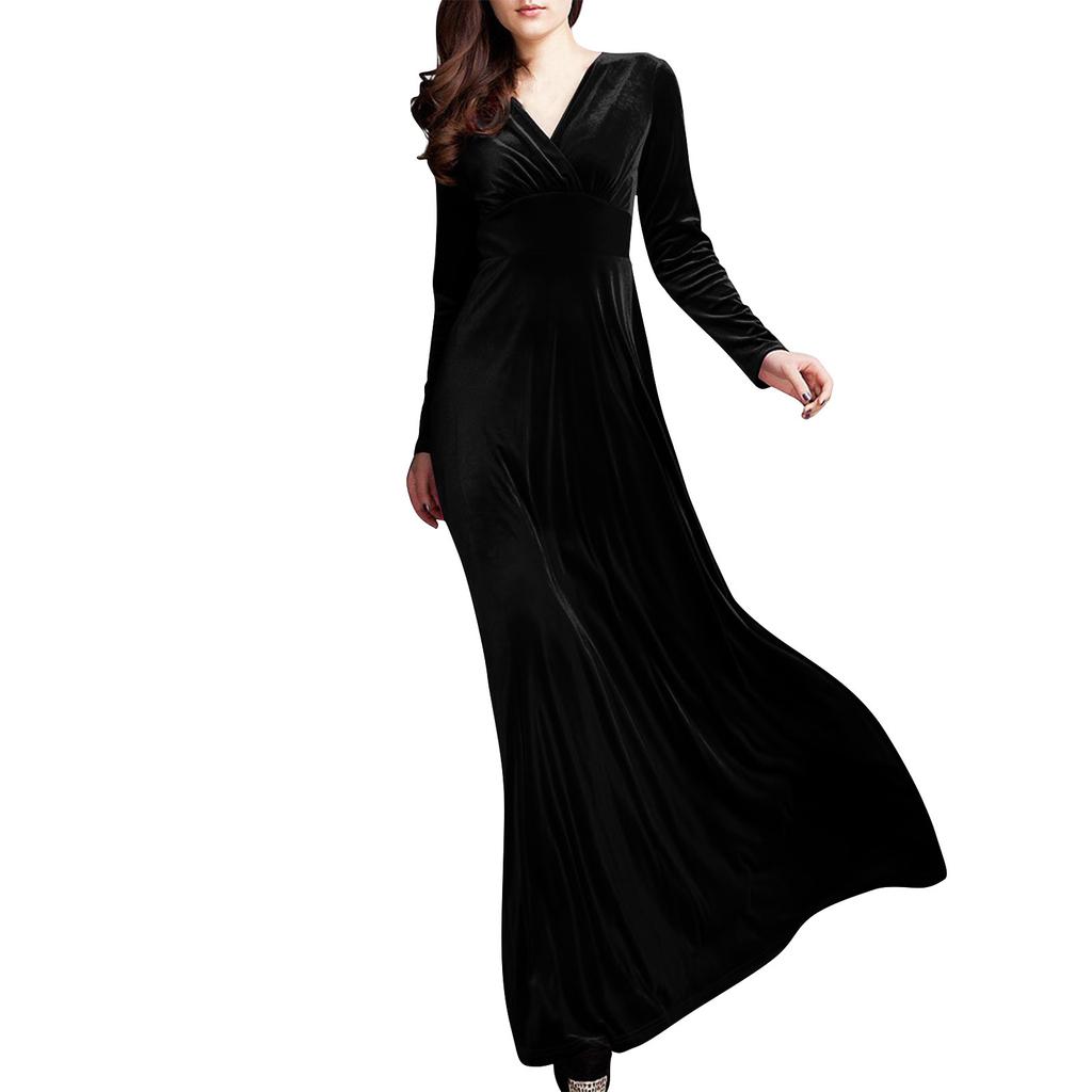 Women's And Winter Gold Velvet V-Neck Solid Color Long-Sleeved Party Dress