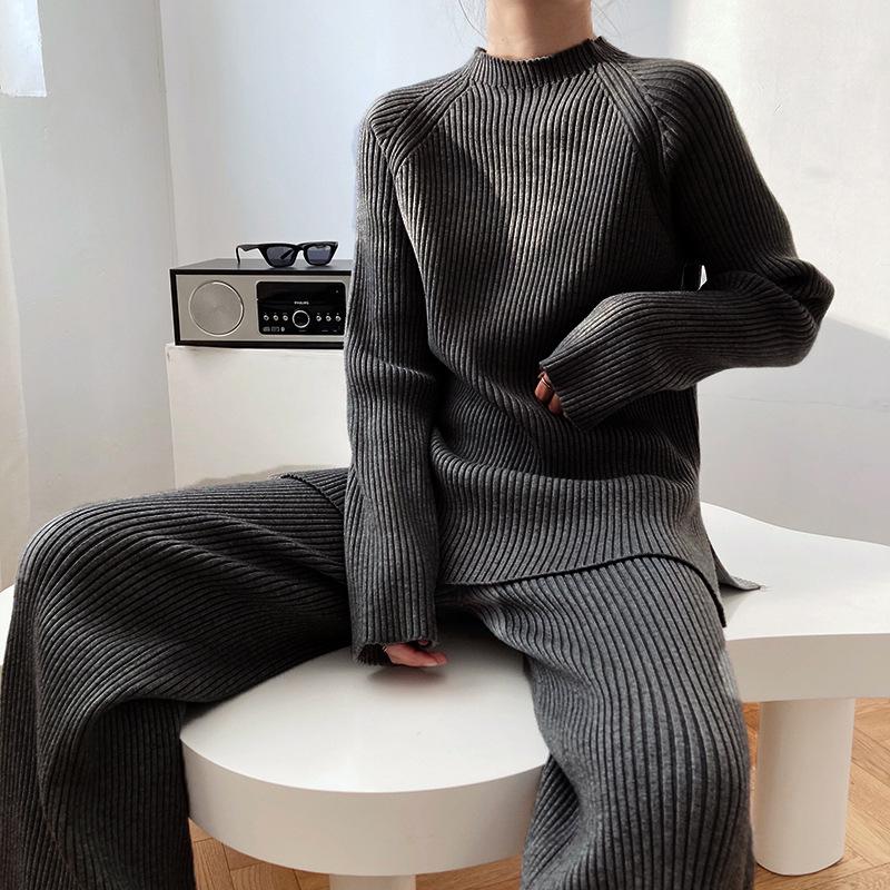Women Sweater Suit Fall and Winter Solid Color Round Neck Sweater Set Women's Loose Knitted Top Clothing Wide Leg Pants Two-piece Set