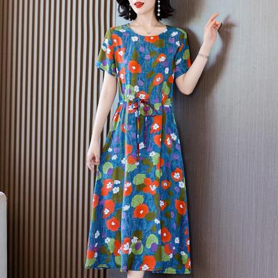 Elegant Dresses for Women  New Casual Vintage Print Long Dress Summer Short Sleeve Korean Style Female Clothing
