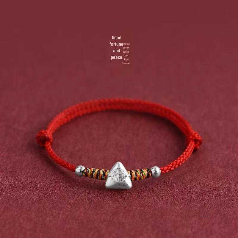 Sterling Silver Dragon Boat Festival Bracelet with Zodiac Fu Charm & Five-Color Red Rope.