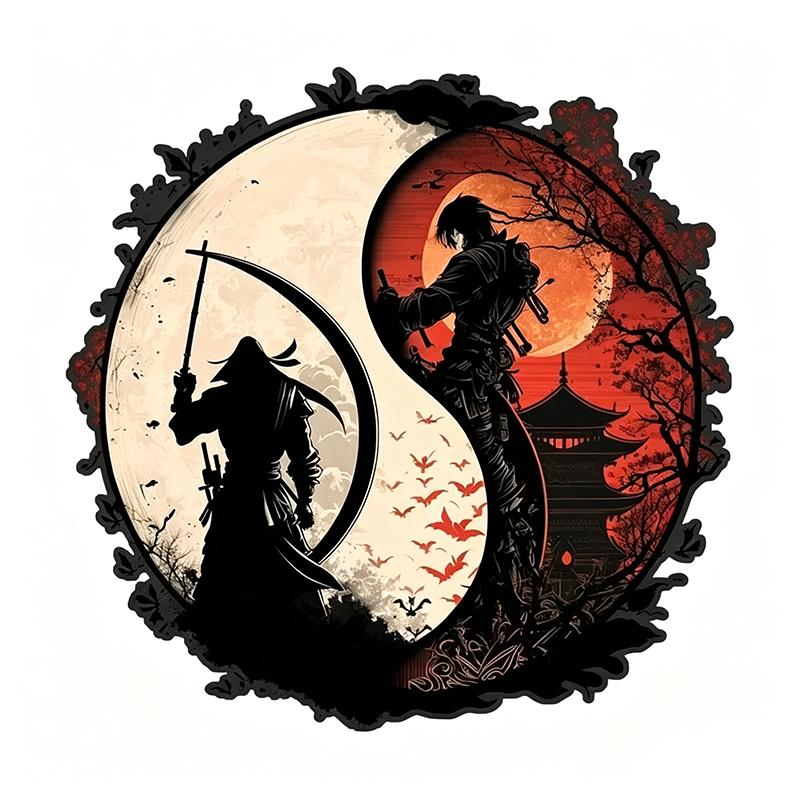 

For Samurai Yin Yang Japanese Style Ink Ronin Car Sticker Waterproof Cartoon Personality Decals Scratch-Proof Decor SH1220 A-15cm Longest Side
