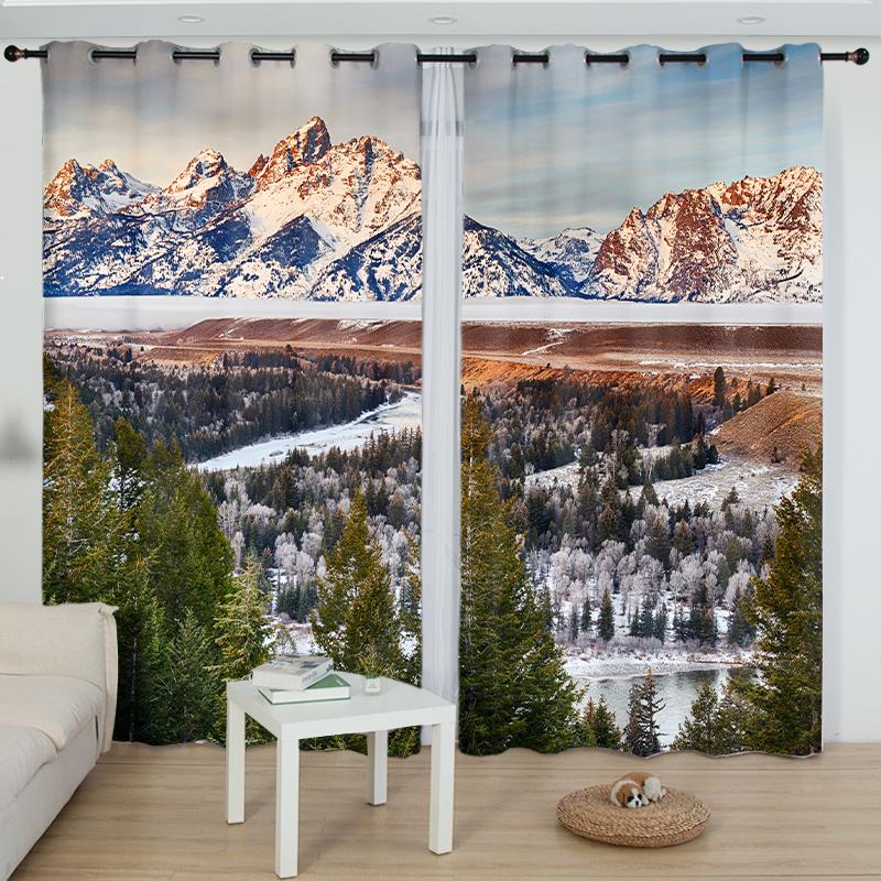 2PCS Kazakhstan Desert Full Moon Curtain Green Tree Snow Mountain Natural Scenery Curtain for Room Kitchen Window Short cortinas