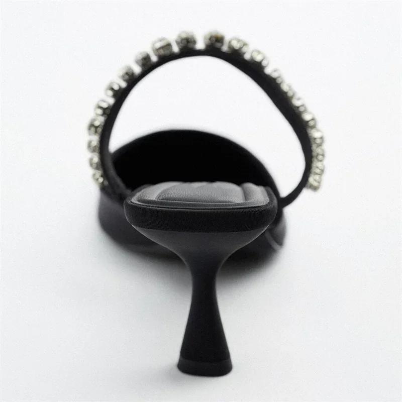 Móda 2024 Černé Kamínky Podpatkové Nazouváky Lodičky pro Ženy Elegantní Třpytivé Sandály Letní Pantofle Dámské Sexy Vysoké Podpatky Slingbacks