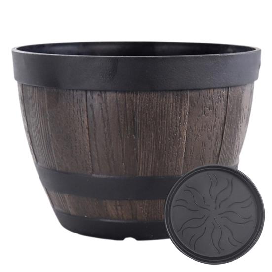 Flowerpot with Built-In Drainage System Rustic Style Garden Container Entryway Decorative Planter Barrel Flowers Herbs Vegetables Small Shrubs Balcony