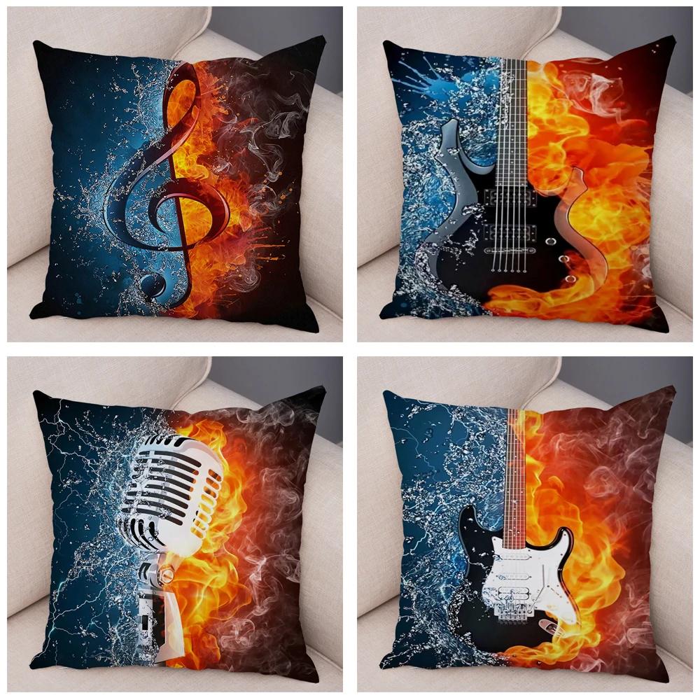 Vintage Music Note Pillowcase Decor Guitar Microphone Violin Printed Pillow Case for Home Sofa Soft Plush Cushion Cover 45x45cm