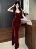 Elegant Velvet Bowknot Patchwork Camisole Dress - Slim Fit, High Slit, Hip-Hugging, Formal Long Gown