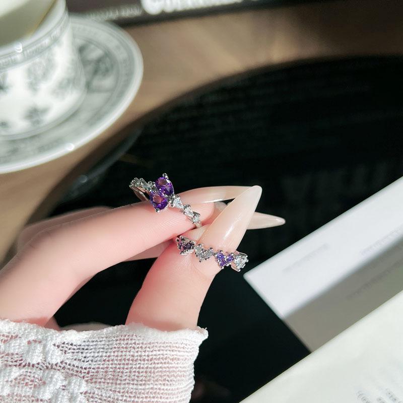 Elegant Purple Diamond Ring: Women's Cool, Simple, Light Luxury Index Finger Jewelry in Cold Style