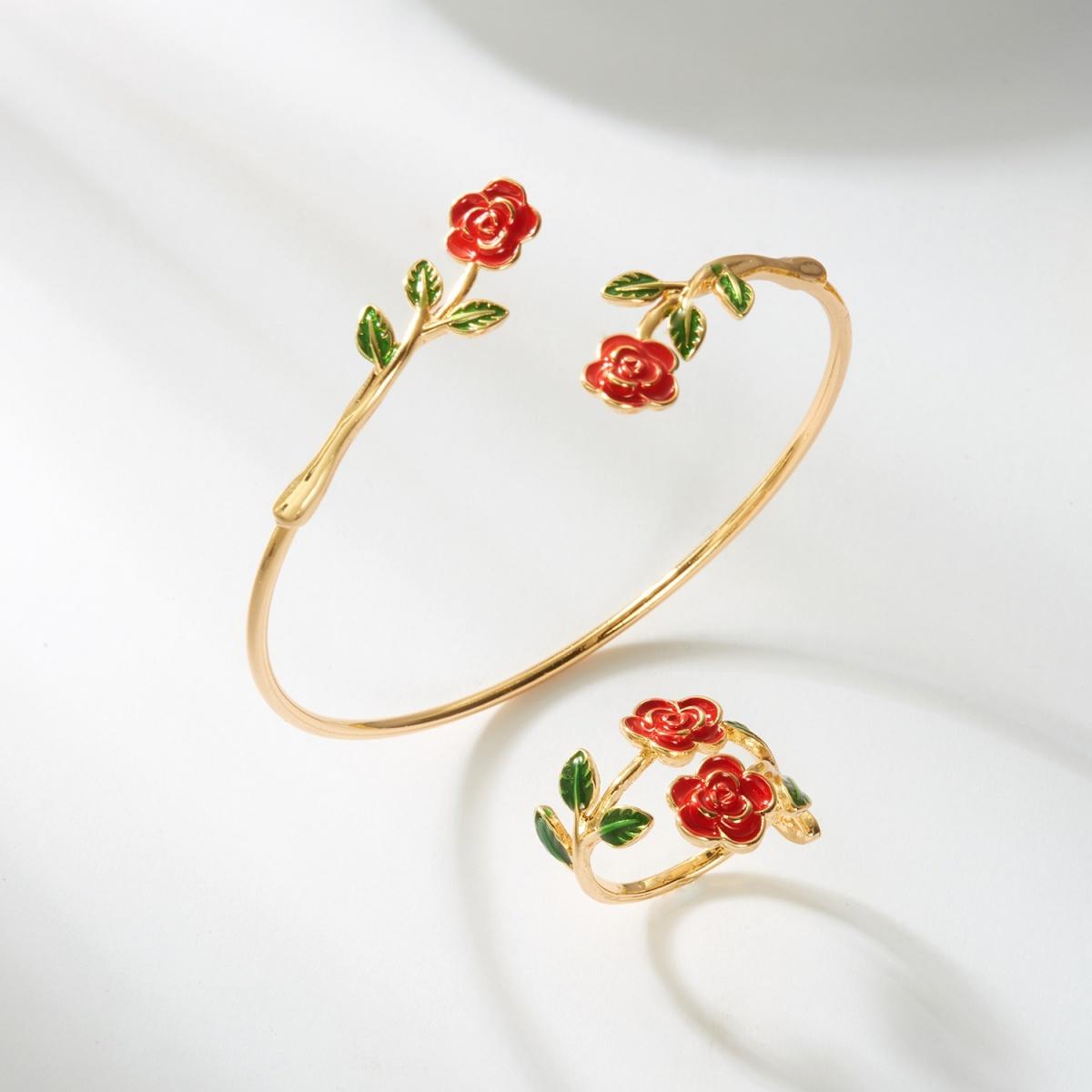 

Enamel Camellia Flower Opening Bangle Ring Set For Women Men Elegant Summer Ocean Wedding Party Lovely Rose Floral Jewelry Set