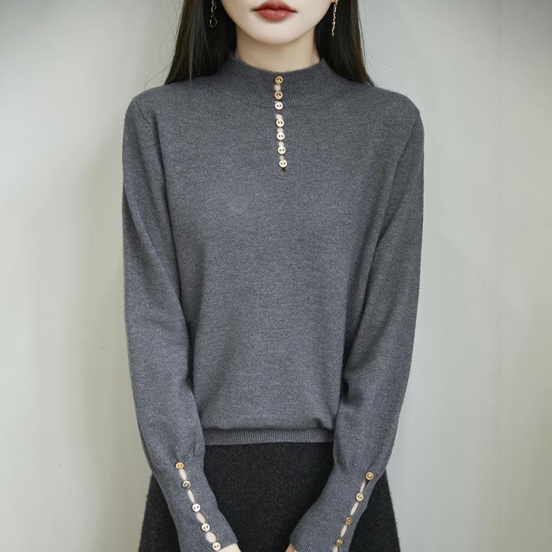 A Fashionable Semi-high Neck, Versatile Design Base Layer, Solid Color Loose and Warm Knitted Sweater for Women