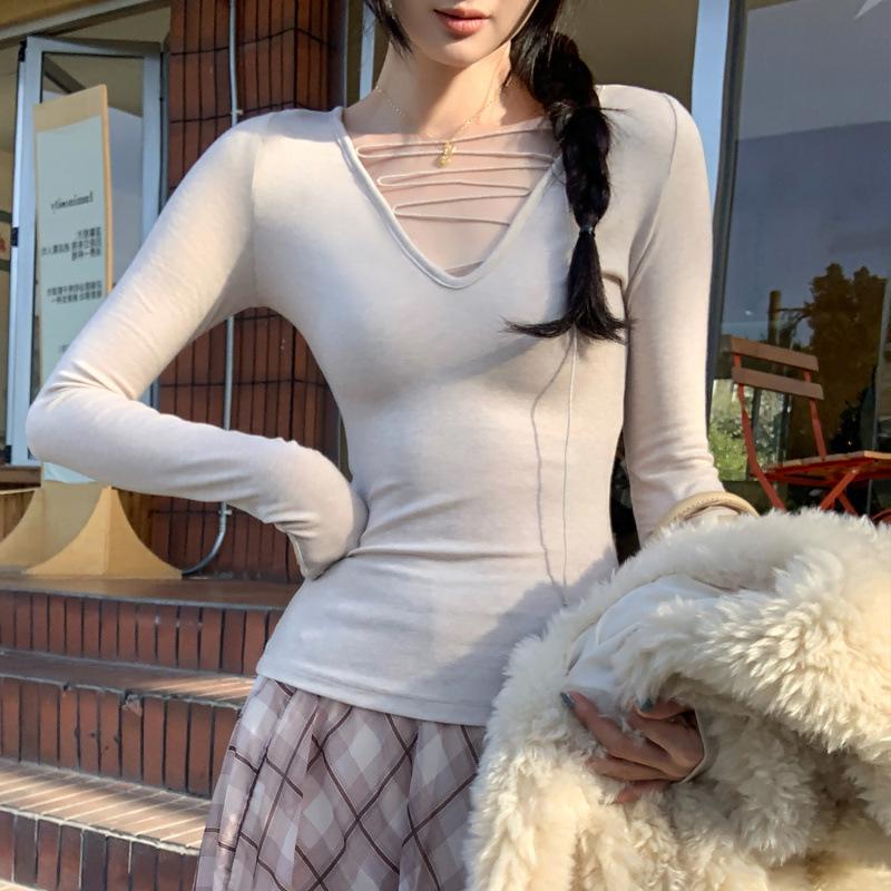 Women's Lace-up Deep V-neck Lyocell Tencel Wool Slimming Base Layer Top