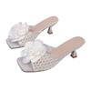 Flower Mesh Women High Heels Slippers Square Toe Heeled Shoes New Sandals Designer 2025 Summer Sexy Pumps Woman Dress Zapatillas