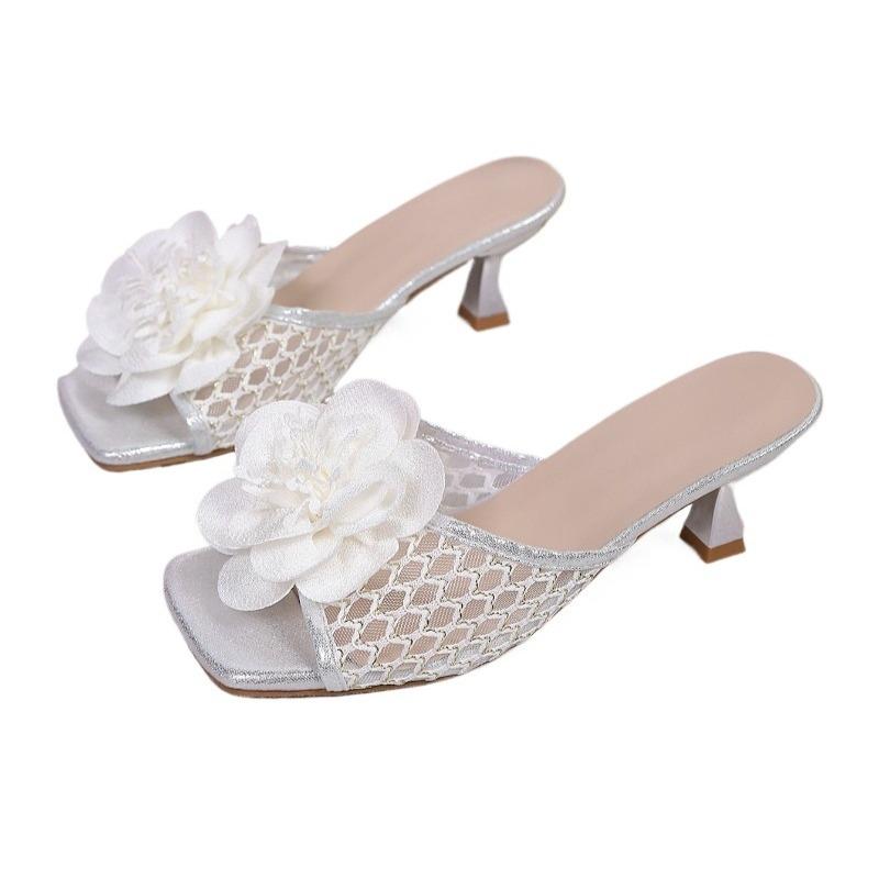 

Fashion Flower Mesh Women High Heels Slippers Square Toe Heeled Shoes New Sandals Designer 2025 Summer Sexy Pumps Woman Dress Zapatillas 43 белый