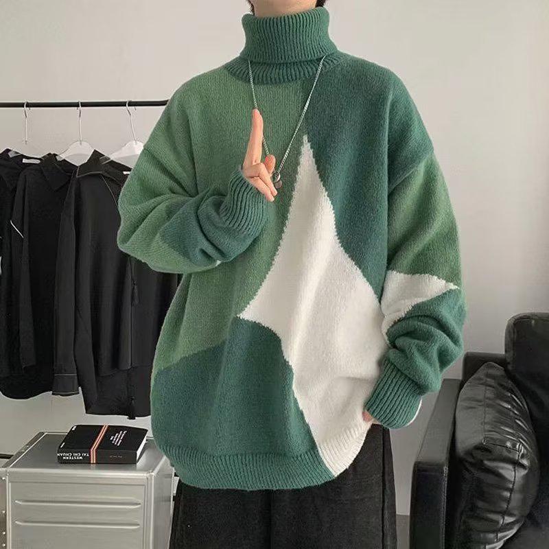 

Men s Patchwork Contrast Pullover: Artistic High Neck Knitwear for Autumn/Winter 3XL зелений
