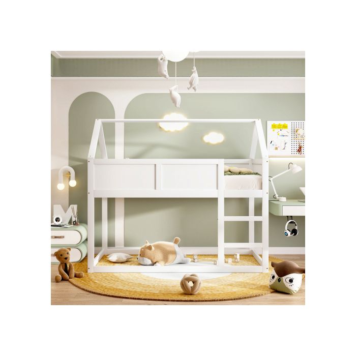 Lit superposé pour enfants - MUVOE - 90x200 cm - Bois massif - Blanc - 2 places