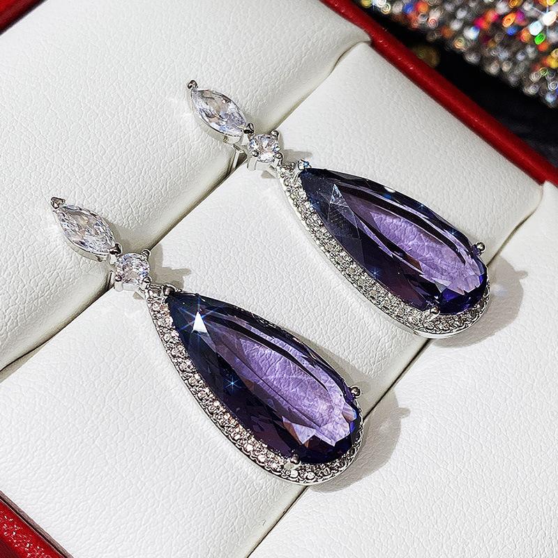 Silver Halo Purple Teardrop CZ Dangle Earrings Marquise Top Tanzanite Color Crystal Drop Earrings Women Luxury Wedding Jewelry