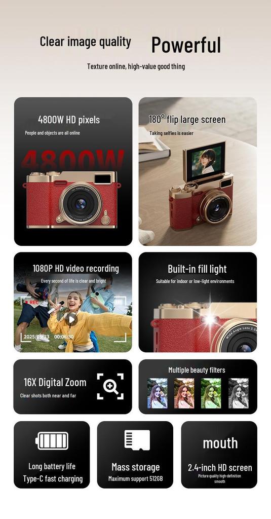 48MP Flip Screen Camera: Popular HD Model for Students, Ideal for Photos & Videos on Campus