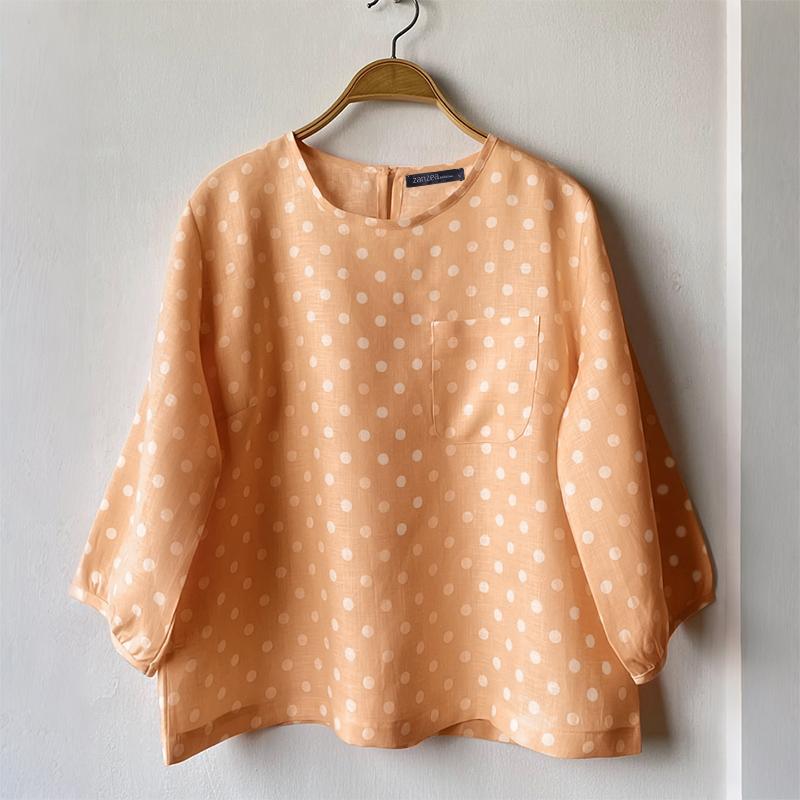 ZANZEA Women Casual Round Neck 3/4 Sleeve Polka Dot Print Loose Blouse