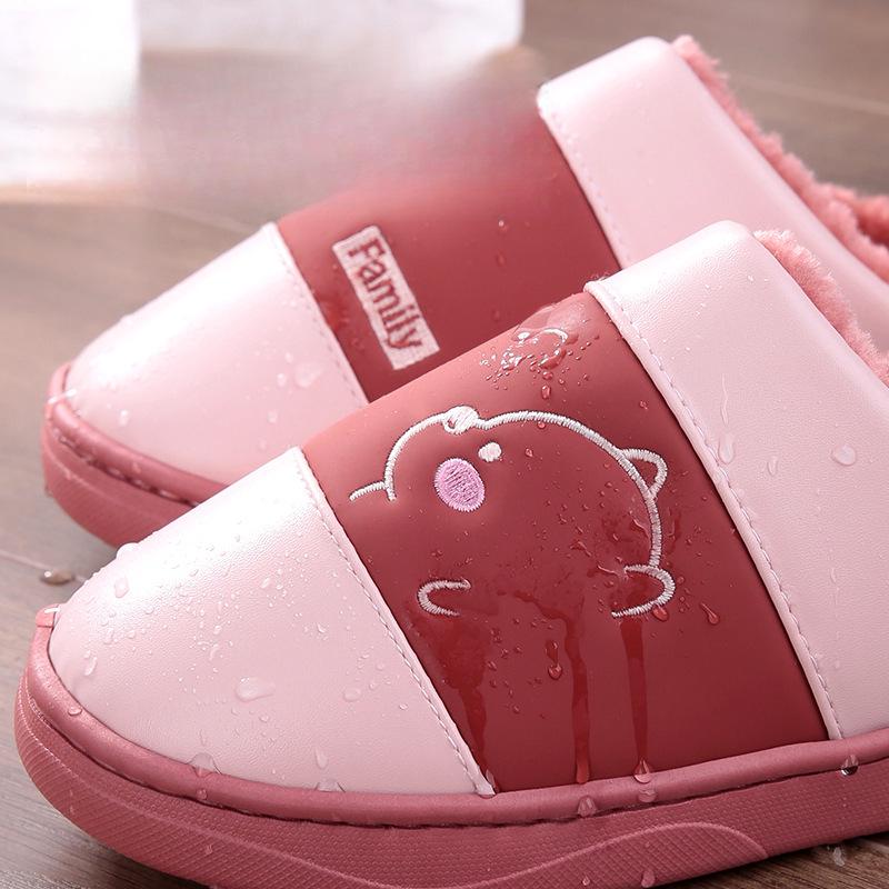 Women's and Men's Non-Slip Waterproof PU Leather Indoor Winter Slippers - Warm and Cute for Couples