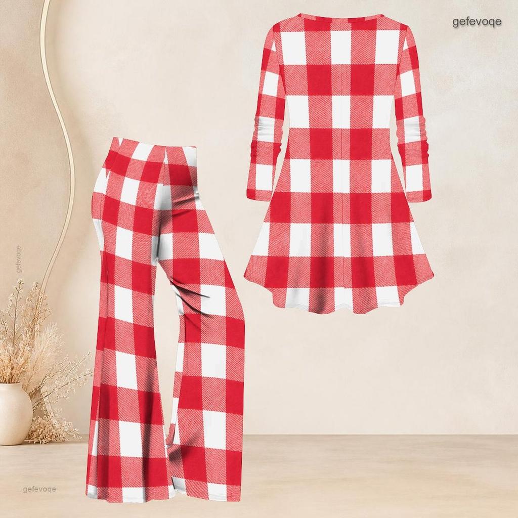 Women Plus Size V Neck Three Quarter Sleeve Printed Flared Top Flared Pants Two Piece Set