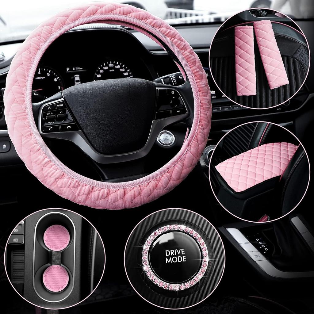 Tallew 8 Pcs Pink Cute Car Accessories Set Includes Steering Wheel Cover 2 Seat Belt Shoulder Pad Auto Center Console Pad 2 Cup Holders 2 Bling Start