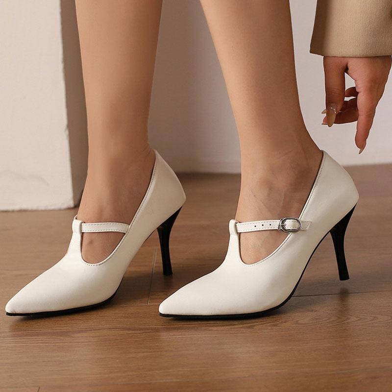 Faux Suede Pumps Women High Heel Shoes 8.5 cm Female T-belt Custom PU Leather Sexy Pointed Toe Thin Heels Working Shoes WSH5253
