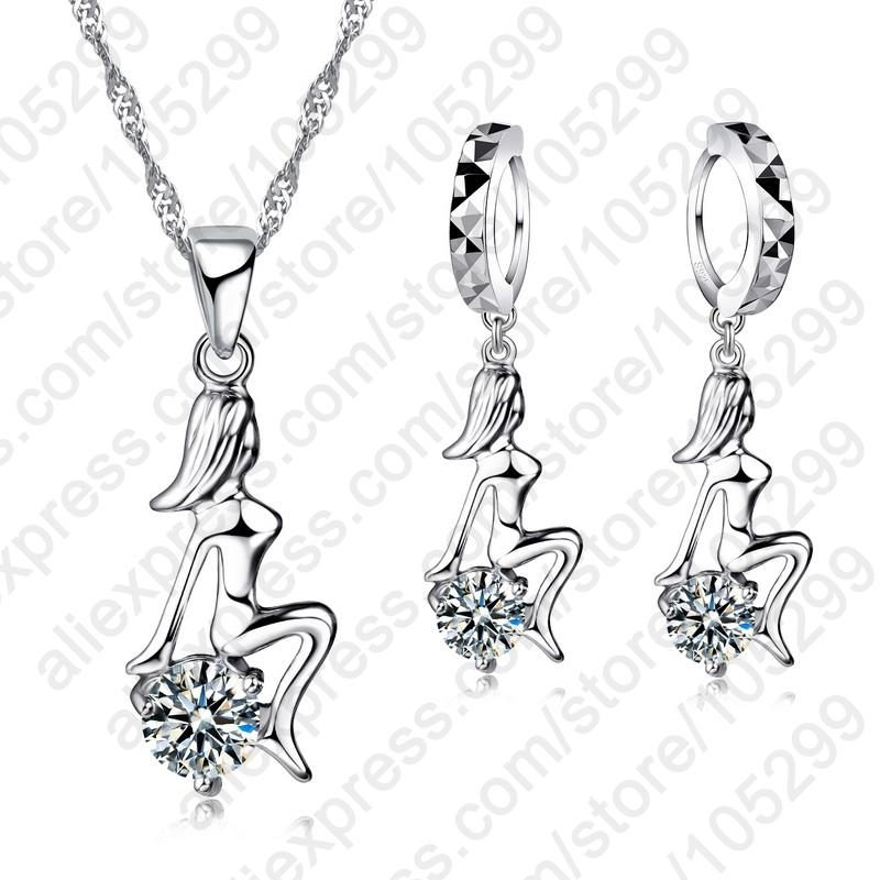Fashion 925 Sterling Silver Color Color Elegant Wedding Bridal Dress Luxury Cubic Zirconia Jewelry Set Necklace Earrings Set