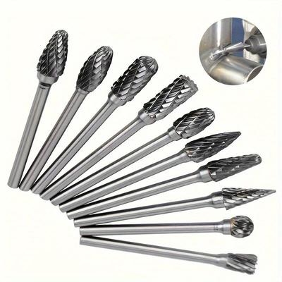 Double Cut Carbide Rotary Burr Set - 10 Pcs 1/8" Shank, 1/4" Head Length Tungsten Steel for Woodworking,Drilling, Metal Carving, Engraving, Polishing