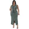 Plus Size Womens Denim Sleeveless Long Skirt Set With Fringe Zipper Split Detail Outfit