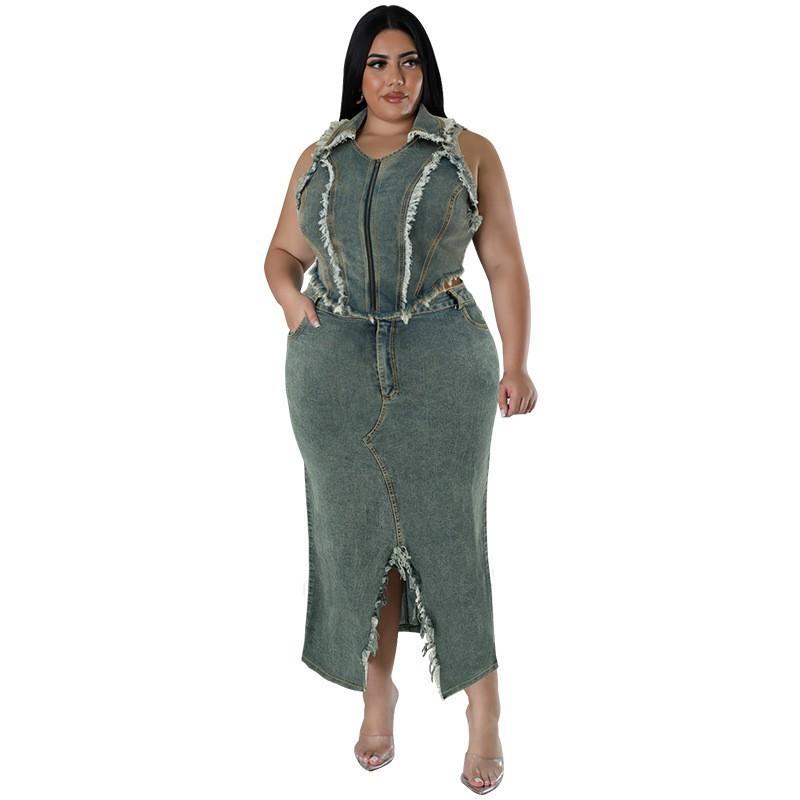 Plus Size Womens Denim Sleeveless Long Skirt Set With Fringe Zipper Split Detail Outfit