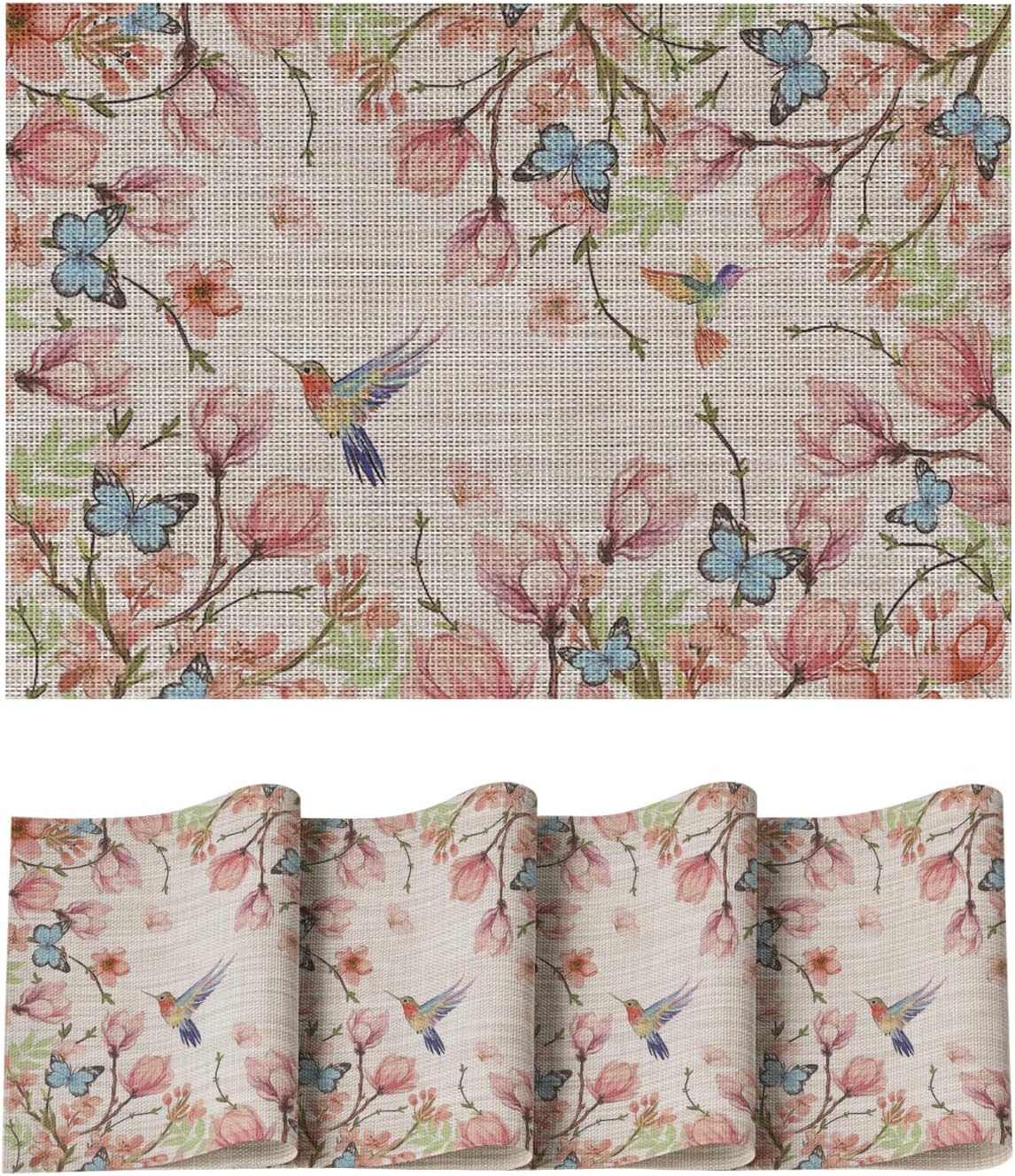 

Birds Flower Butterfly Placemats Set of 4, 12x18 Inch Plastic Woven Wipeable Non-Slip PVC Place Mats for Party Kitchen Dining Decor 4pcs-12x18