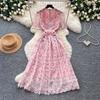 Elegant Beaded Short Sleeve Flower Lace Dress Women's Formal Evening Embroidery Crochet Hollow Out Long Party Dress