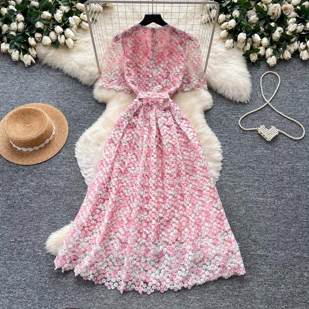 Elegant Beaded Short Sleeve Flower Lace Dress Women's Formal Evening Embroidery Crochet Hollow Out Long Party Dress