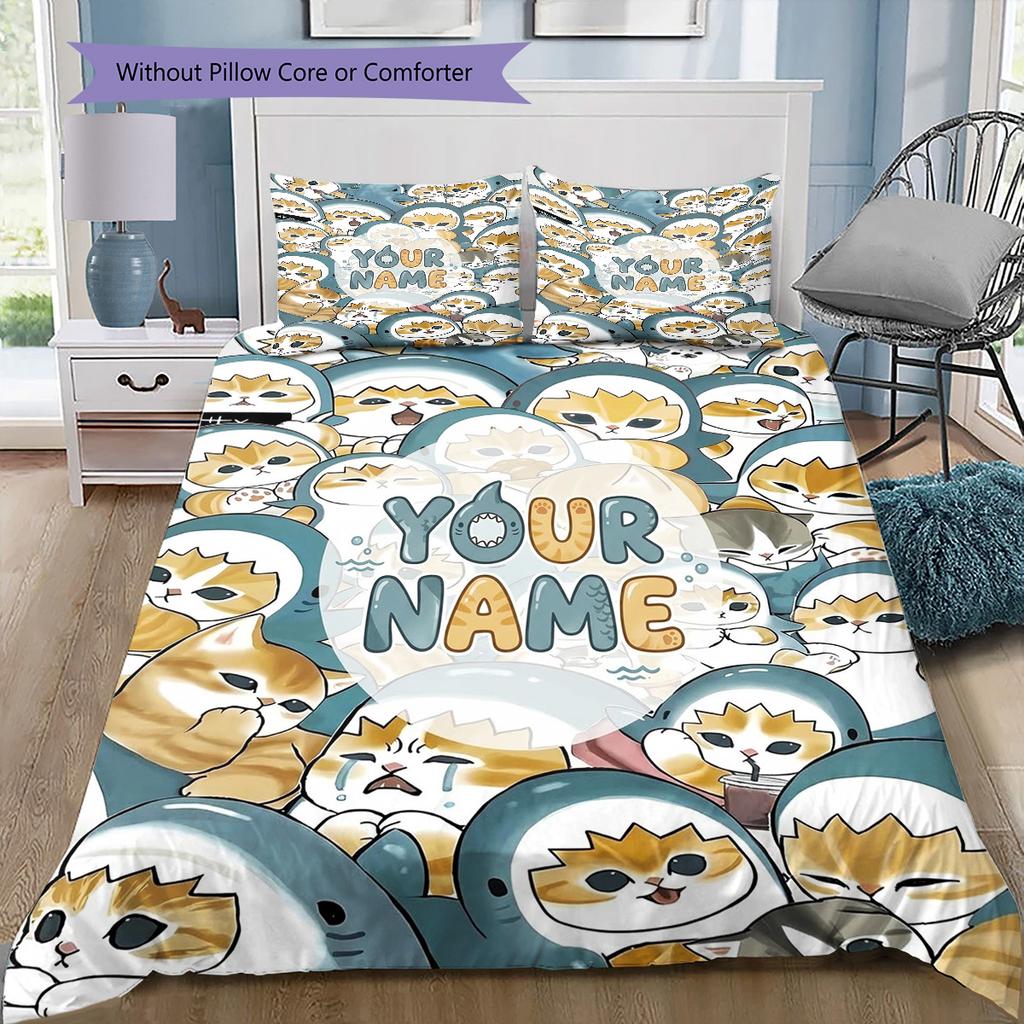 Penguin Cats Adventure Custom Name Pattern Bedding Quilt Set Quilt Cover Pillowcase Home Birthday Gift(1 * Duvet Cover + 2 * Pillowcase, Without Core)