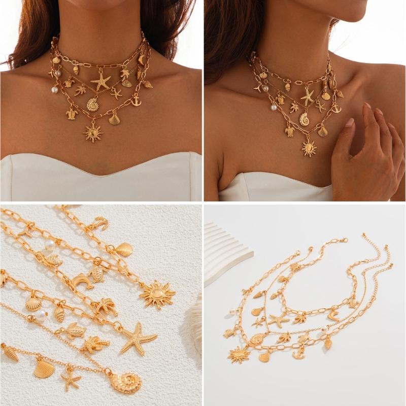 Stylish Gold Crosses Necklace for Women with Seashells Charm Decoration for Beach and Summer Fashion Statement Pieces