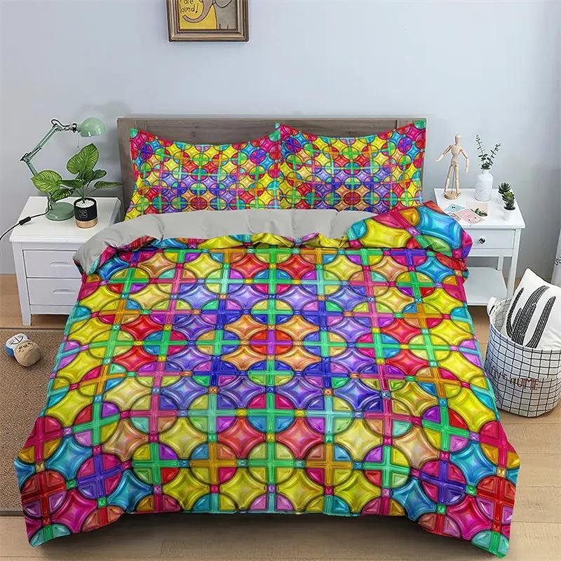 Abstract Geometric Rainbow Plaid Comfortable Duvet Quilt Cover Pillowcase Bedding Set Children Bedroom Decoration Home Textile