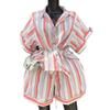 2026 Spring Women's Striped Lapel Shirt & Tie-Up Wide-Leg Shorts Set