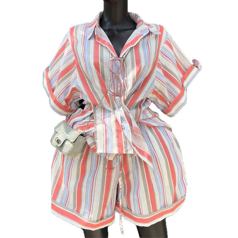 2026 Spring Women's Striped Lapel Shirt & Tie-Up Wide-Leg Shorts Set