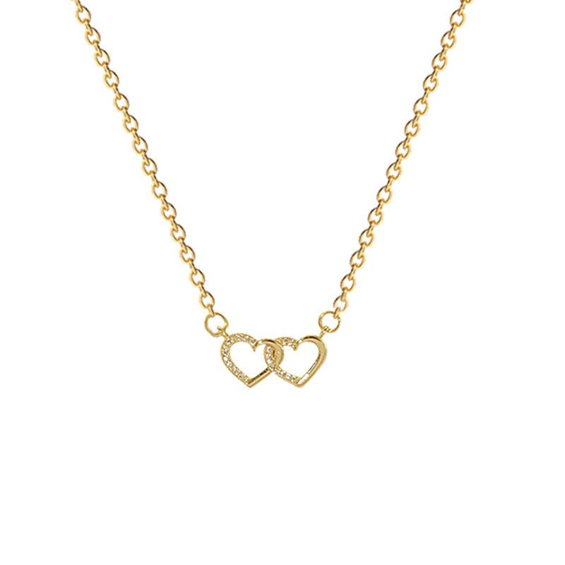 Edelstahlkette Goldfarbe Romantischer Zirkon Doppelherz Anhänger Halsketten für Damen Mädchen Zarte Accessoires Geschenke