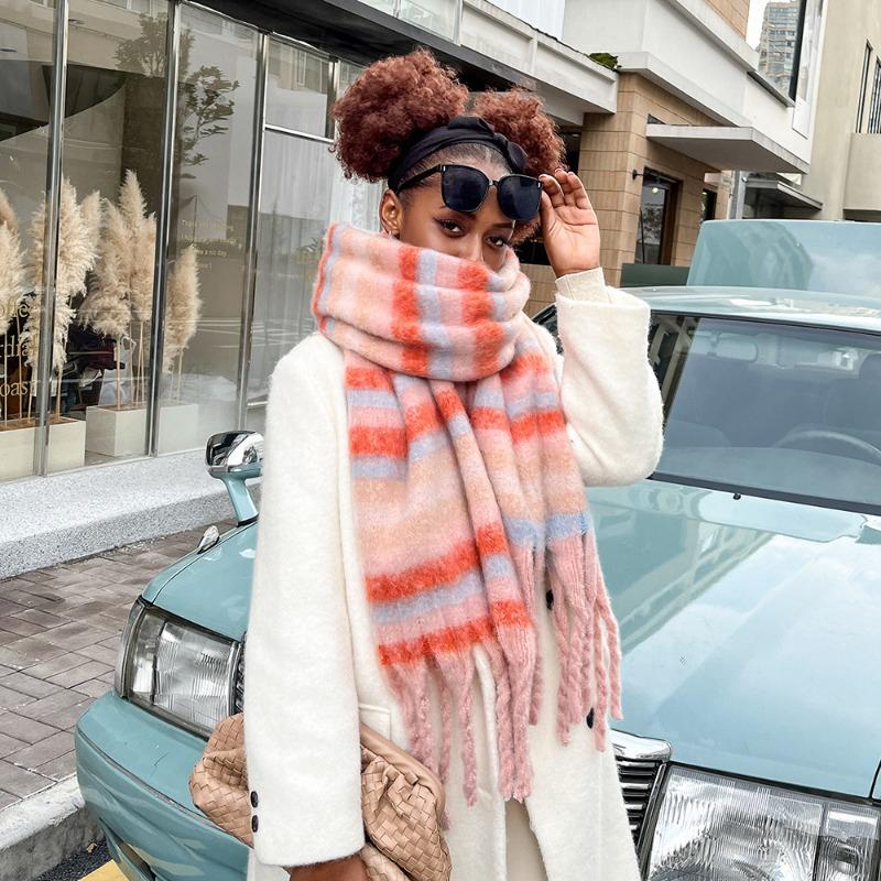 Light luxury fashion scarf colored mohair plaid scarf women's warm shawl one piece