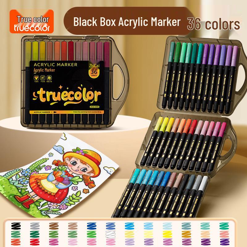 True Color Soft Tip Acrylic Markers & Drawing Brushes for Kids, Non-Bleeding, Stackable Colors, Black Box Colored Pencils