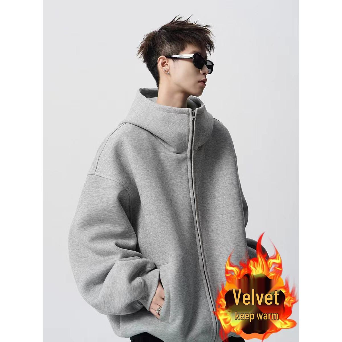 Men s American Three-Stripes Plus Velvet Baseball Jacket - Thickened Autumn/Winter Trendy Sports Hoodie XL светло-серый