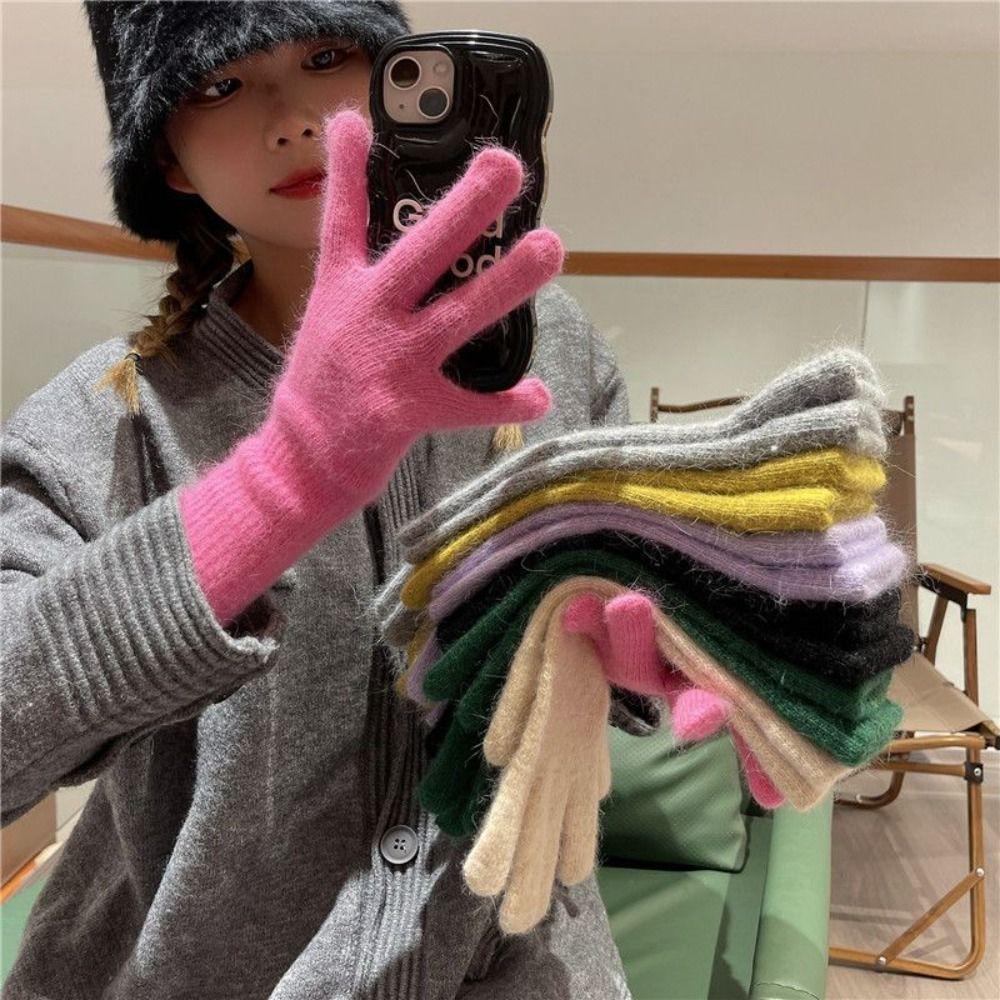 Thickened Thermal Knitted Gloves Rabbit Fur Split Finger Long Gloves Autumn Winter Warm Gloves
