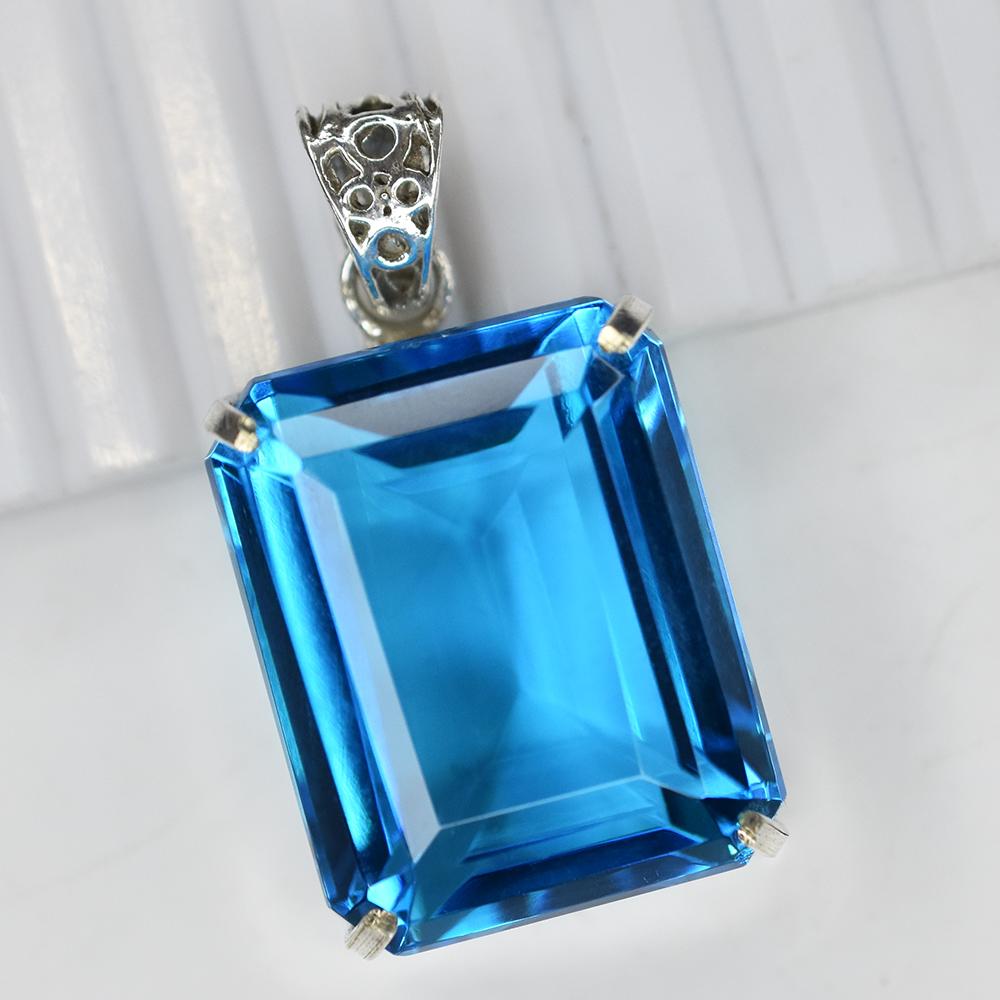 

925 Starling Silver 110 Ct Lab Created Aquamarine Emerald Cut Pendant Gemstone MY.PD-83-NS 41.7 mm approx синій