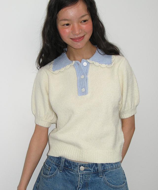 RONRON Handmade Collar Short Sleeve Knit Ivory Blue